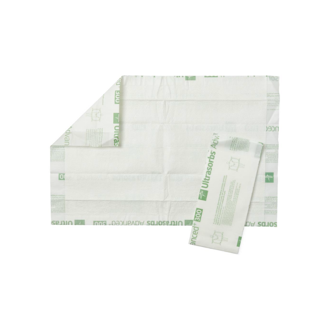 Medline Ultrasorbs Advanced+ Premium Underpads are large rectangular white underpads with green text and a superabsorbent polymer core, designed to efficiently manage wound exudate for enhanced patient care.